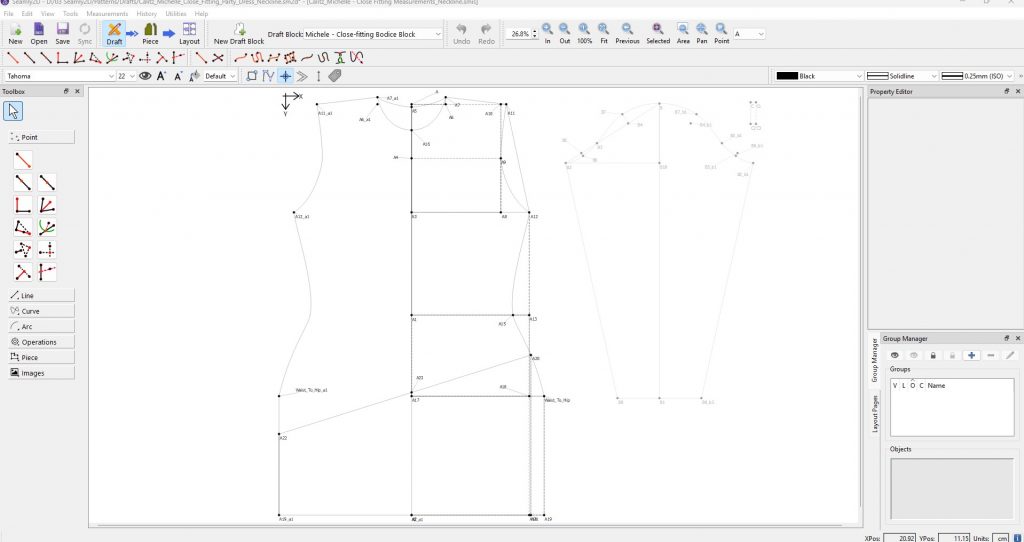 Screenshot of a custom dress pattern block drafted in Seamly2D for the Ophelia-inspired sequin dress project.